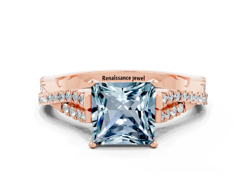 Rose gold Princess Cut Aquamarine Solitaire Engagement Ring with Twisted Pavé Band and Four-Prong Setting_12