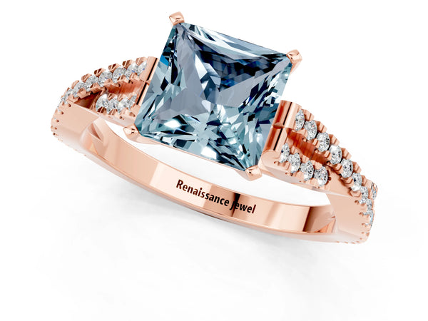 Rose gold Princess Cut Aquamarine Solitaire Engagement Ring with Twisted Pavé Band and Four-Prong Setting