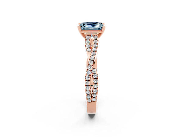 Rose gold Princess Cut Aquamarine Solitaire Engagement Ring with Twisted Pavé Band and Four-Prong Setting