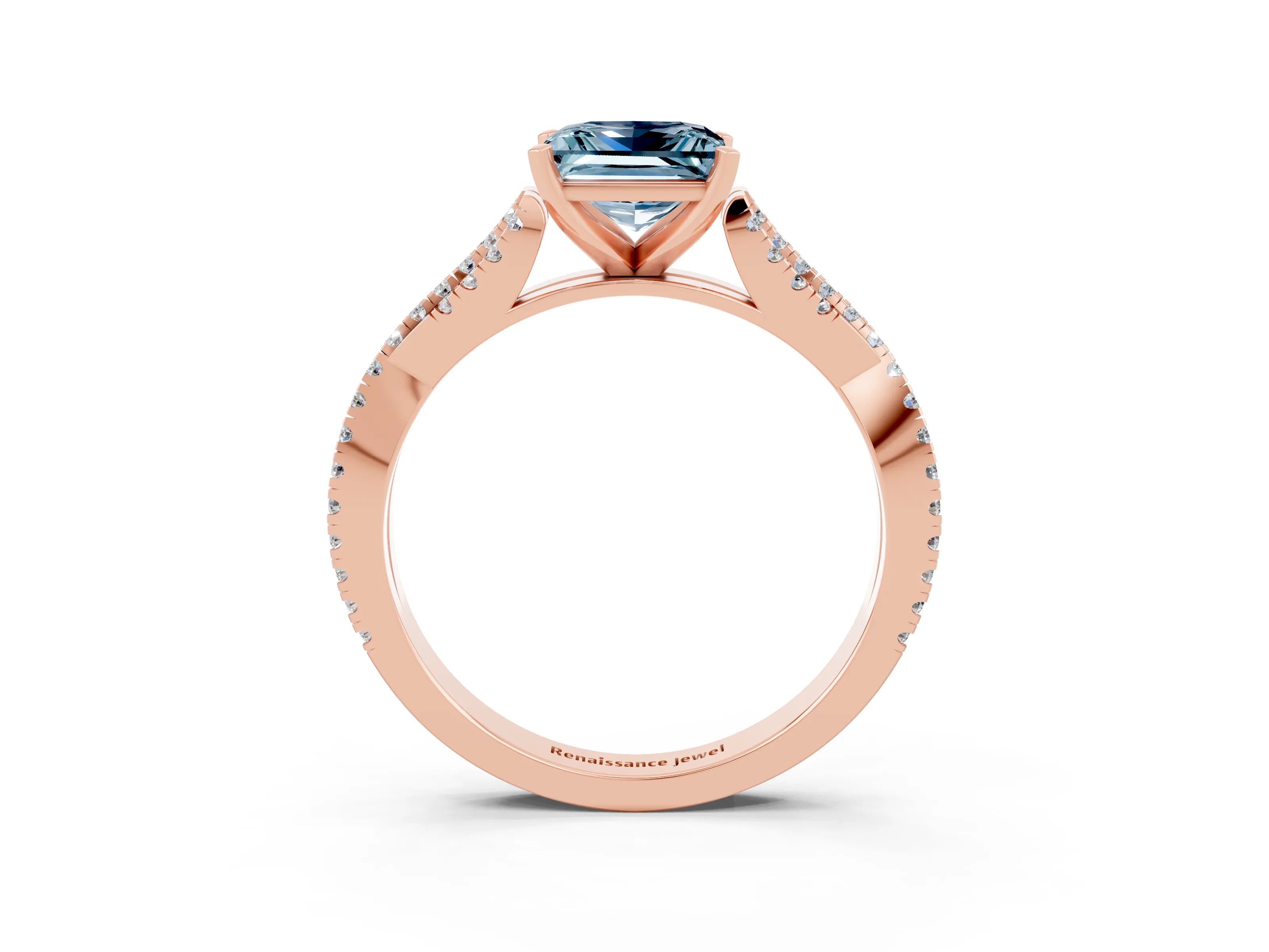Rose gold Princess Cut Aquamarine Solitaire Engagement Ring with Twisted Pavé Band and Four-Prong Setting_15