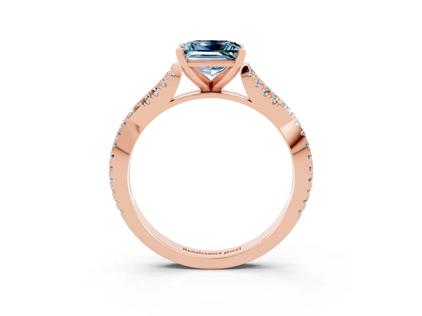 Rose gold Princess Cut Aquamarine Solitaire Engagement Ring with Twisted Pavé Band and Four-Prong Setting