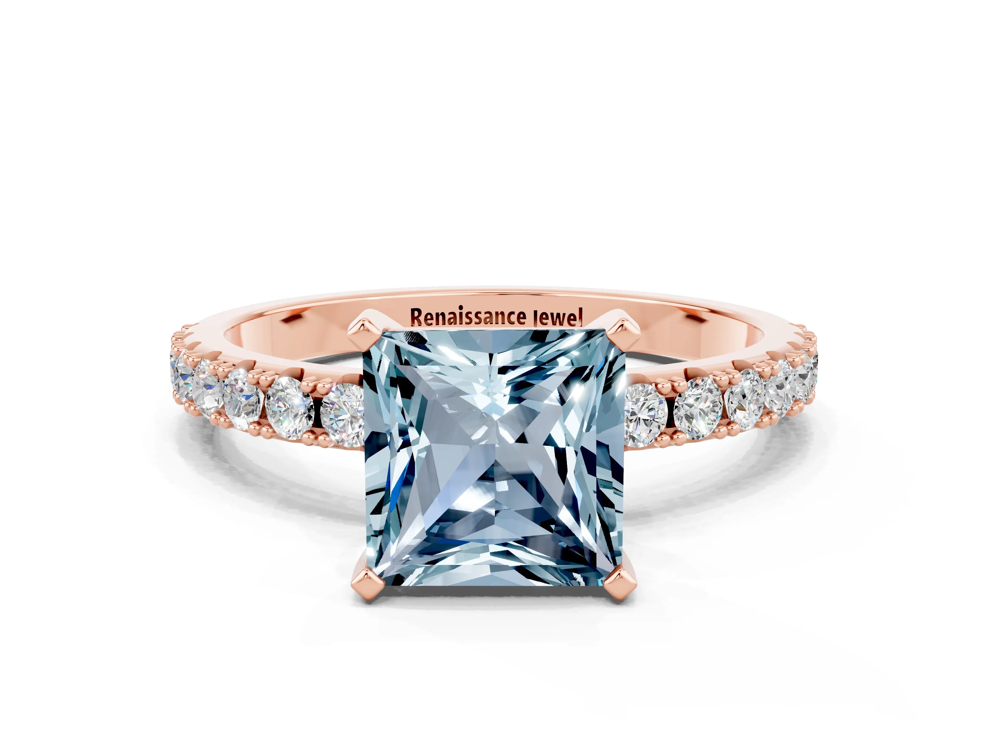 Rose gold Princess Cut Aquamarine Solitaire Pavé Band with Four-Prong Setting