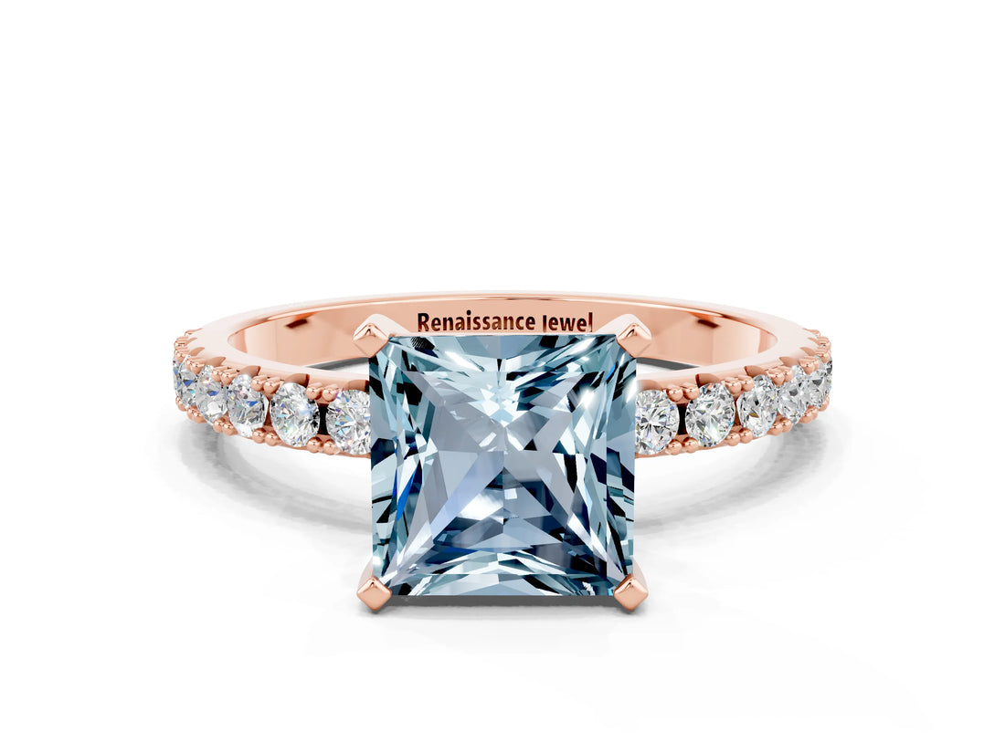 Rose gold Princess Cut Aquamarine Solitaire Pavé Band with Four-Prong Setting