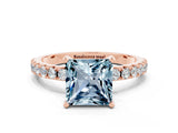 Rose gold Princess Cut Aquamarine Solitaire Pavé Band with Four-Prong Setting