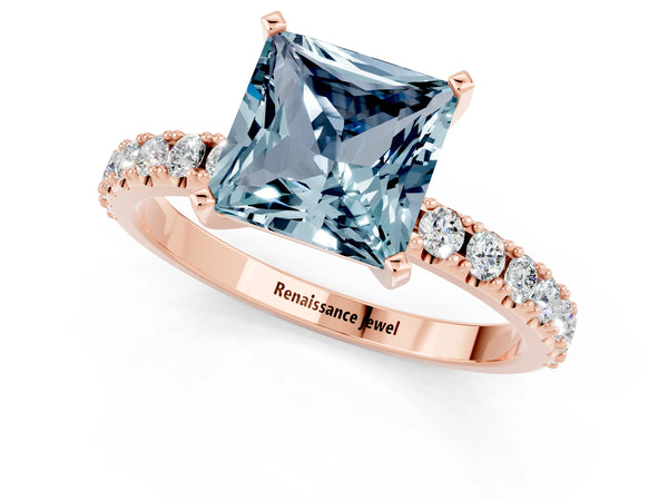Rose gold Princess Cut Aquamarine Solitaire Pavé Band with Four-Prong Setting