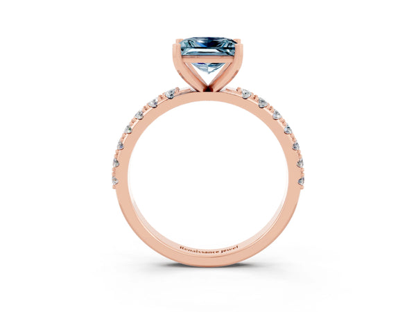 Rose gold Princess Cut Aquamarine Solitaire Pavé Band with Four-Prong Setting