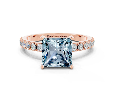 Rose gold Princess Cut Aquamarine Solitaire Pavé Band with Four-Prong Setting