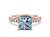 Rose gold Princess Cut Aquamarine Solitaire Pavé Engagement Ring with Round Band and Prong Setting_12