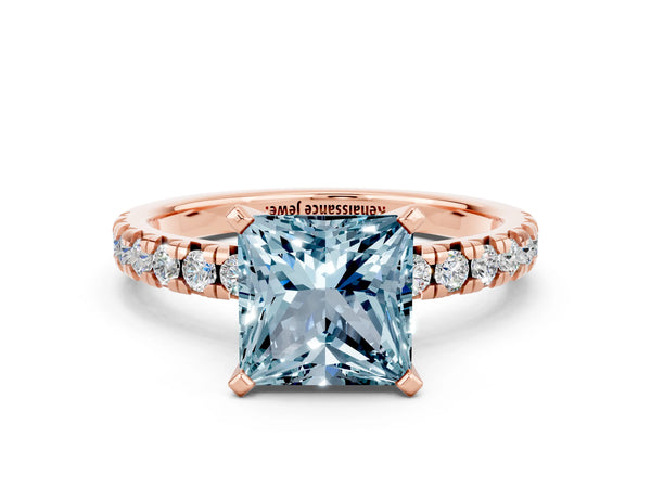Rose gold Princess Cut Aquamarine Solitaire Pavé Engagement Ring with Round Band and Prong Setting