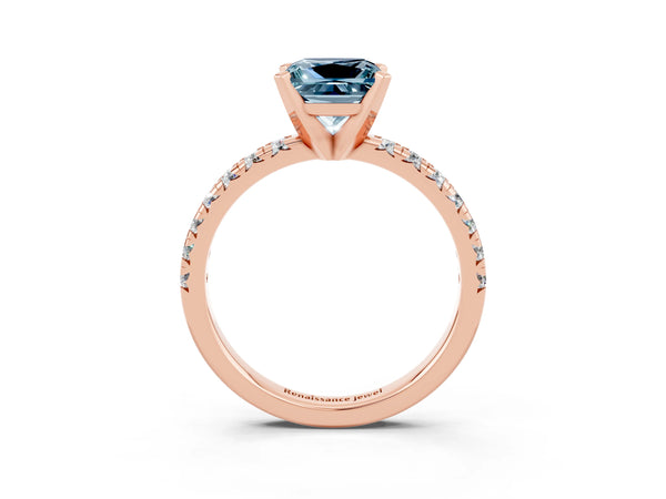 Rose gold Princess Cut Aquamarine Solitaire Pavé Engagement Ring with Round Band and Prong Setting