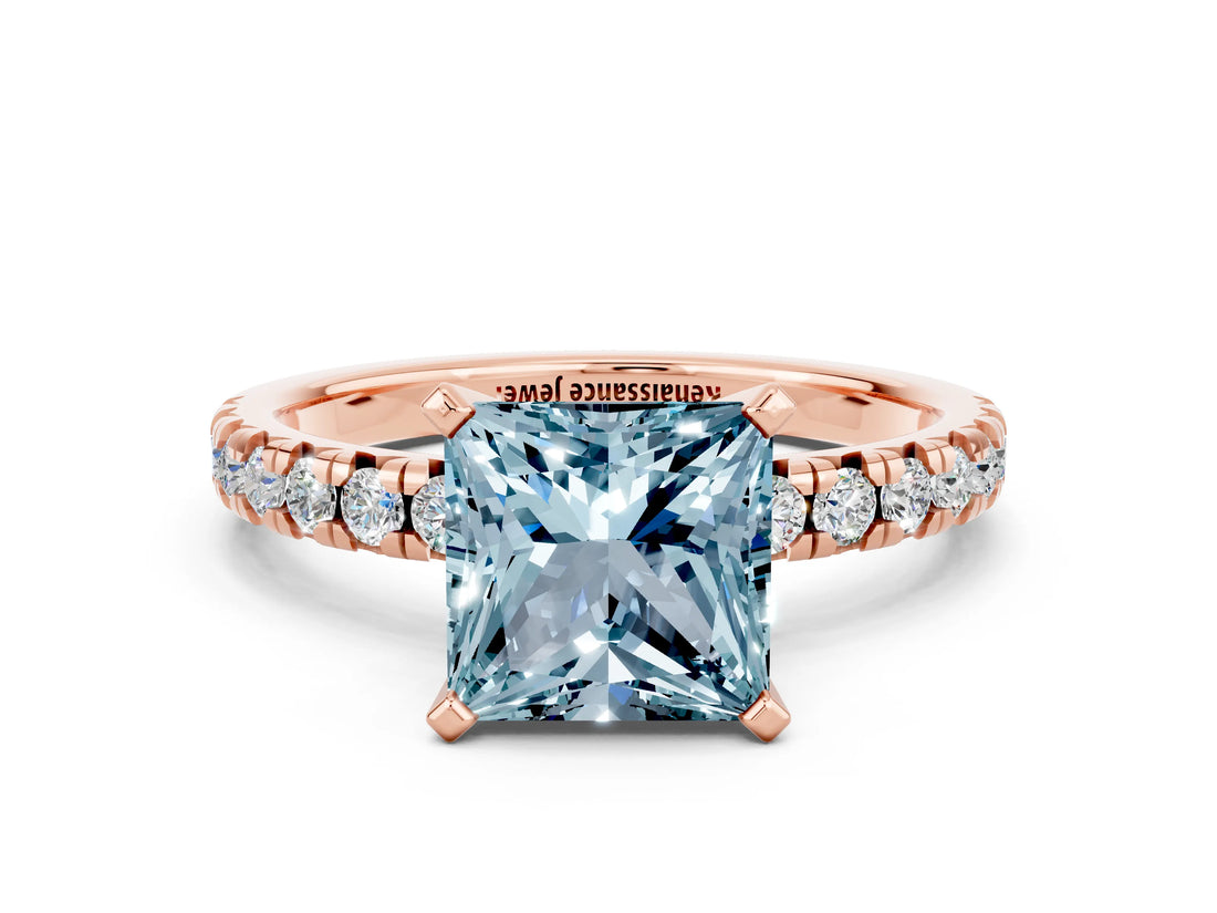Rose gold Princess Cut Aquamarine Solitaire Pavé Engagement Ring with Round Band and Prong Setting_66