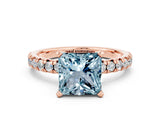 Rose gold Princess Cut Aquamarine Solitaire Pavé Engagement Ring with Round Band and Prong Setting_66