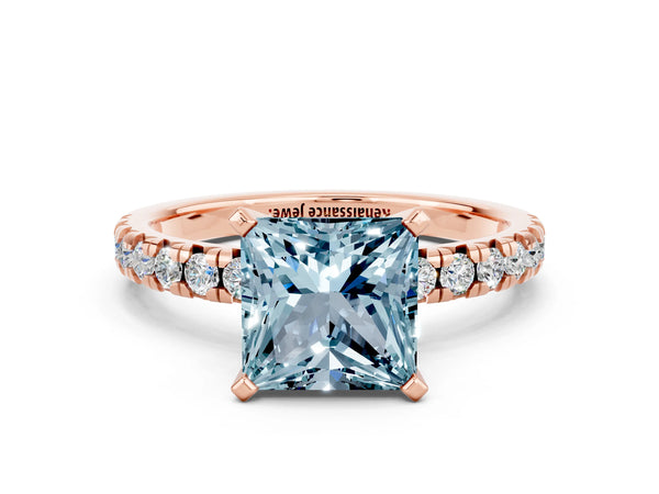 Rose gold Princess Cut Aquamarine Solitaire Pavé Engagement Ring with Round Band and Prong Setting