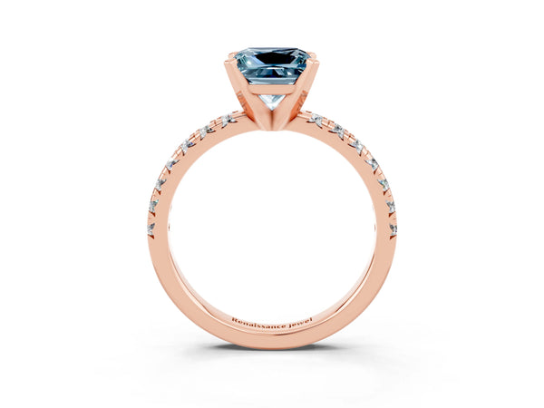 Rose gold Princess Cut Aquamarine Solitaire Pavé Engagement Ring with Round Band and Prong Setting