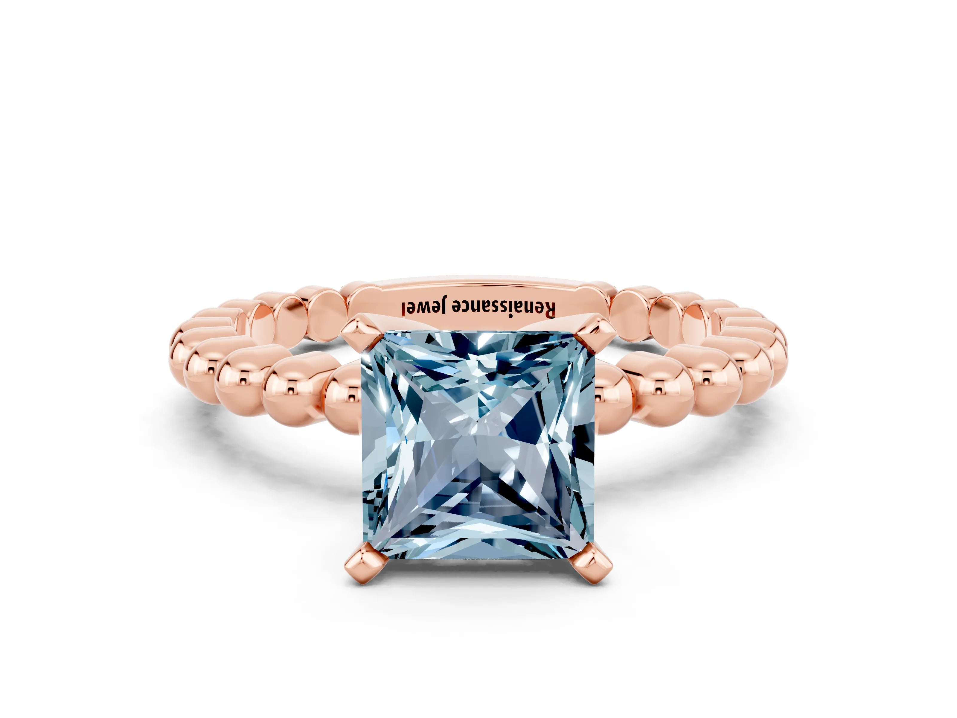 Rose gold Princess Cut Aquamarine Solitaire Ring with Beaded Band and Prong Setting
