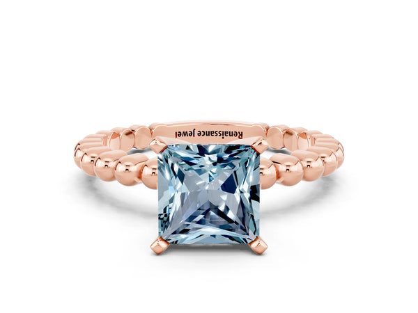 Rose gold Princess Cut Aquamarine Solitaire Ring with Beaded Band and Prong Setting