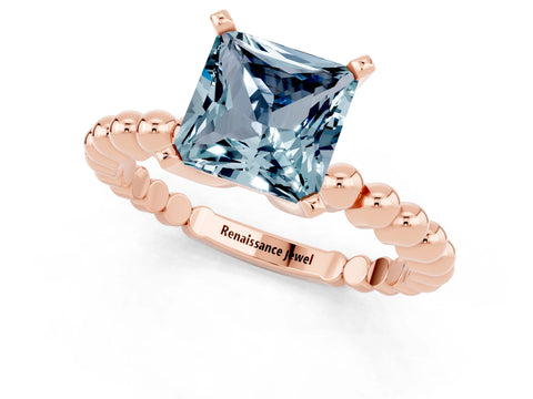 Rose gold Princess Cut Aquamarine Solitaire Ring with Beaded Band and Prong Setting_1