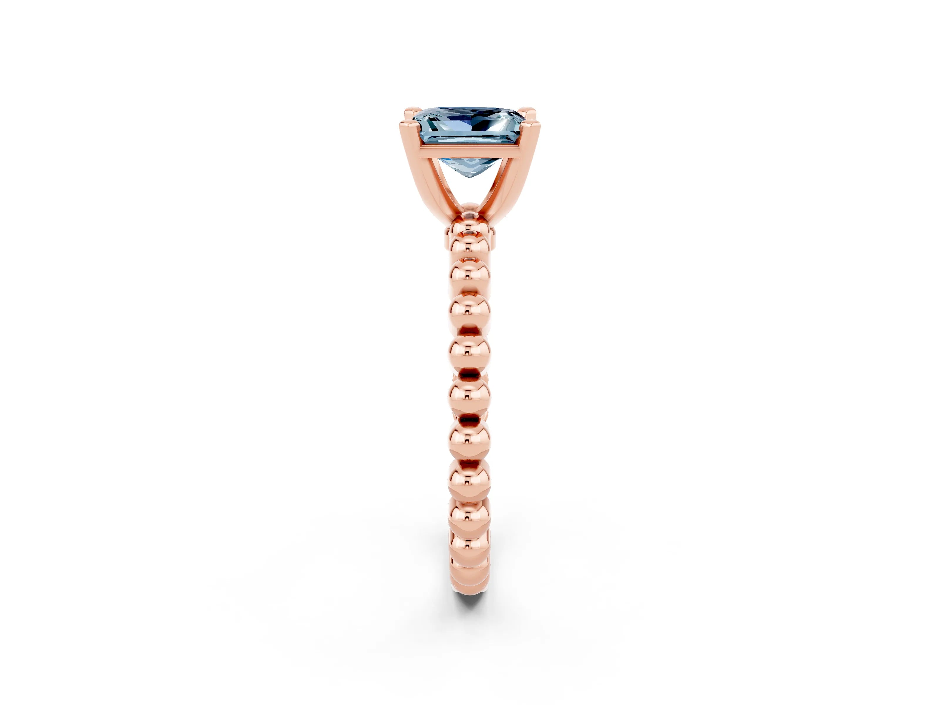 Rose gold Princess Cut Aquamarine Solitaire Ring with Beaded Band and Prong Setting_2