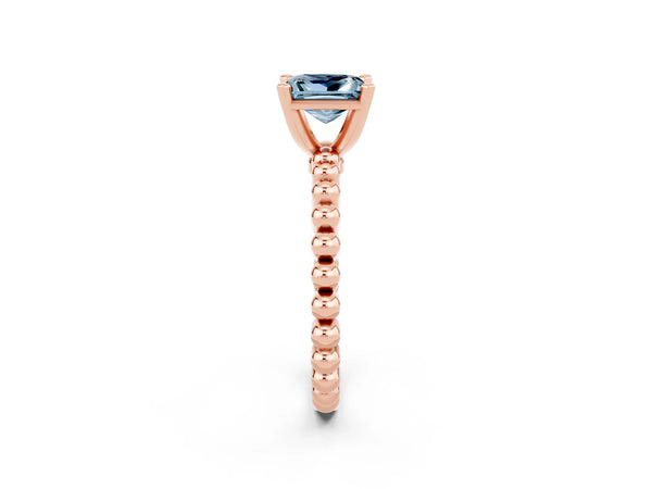 Rose gold Princess Cut Aquamarine Solitaire Ring with Beaded Band and Prong Setting