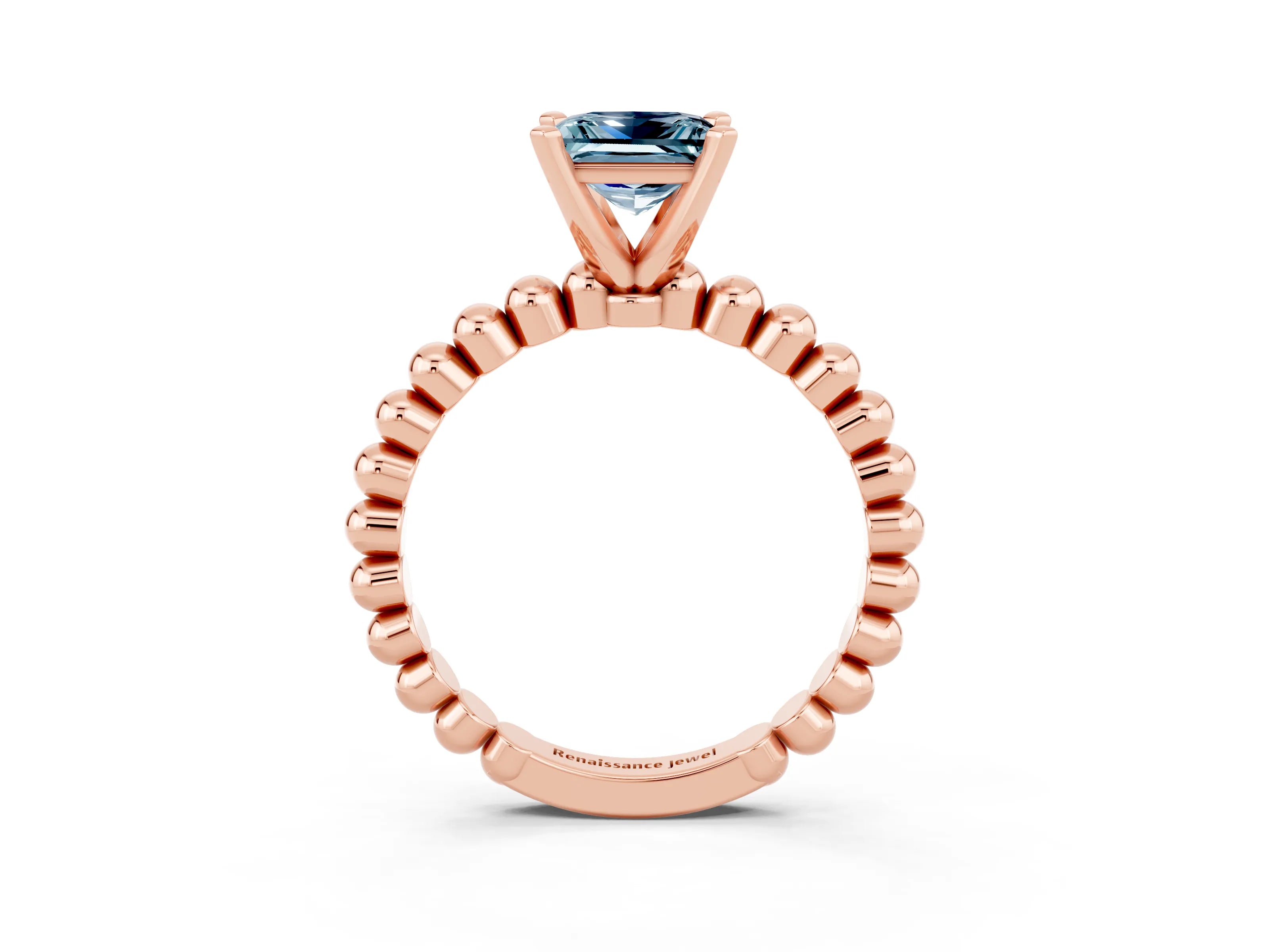 Rose gold Princess Cut Aquamarine Solitaire Ring with Beaded Band and Prong Setting_3