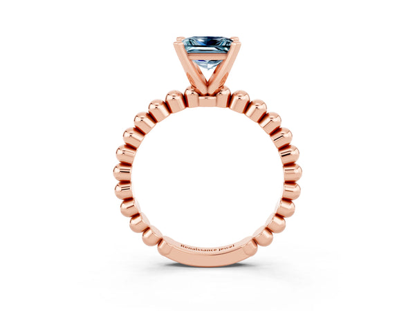 Rose gold Princess Cut Aquamarine Solitaire Ring with Beaded Band and Prong Setting