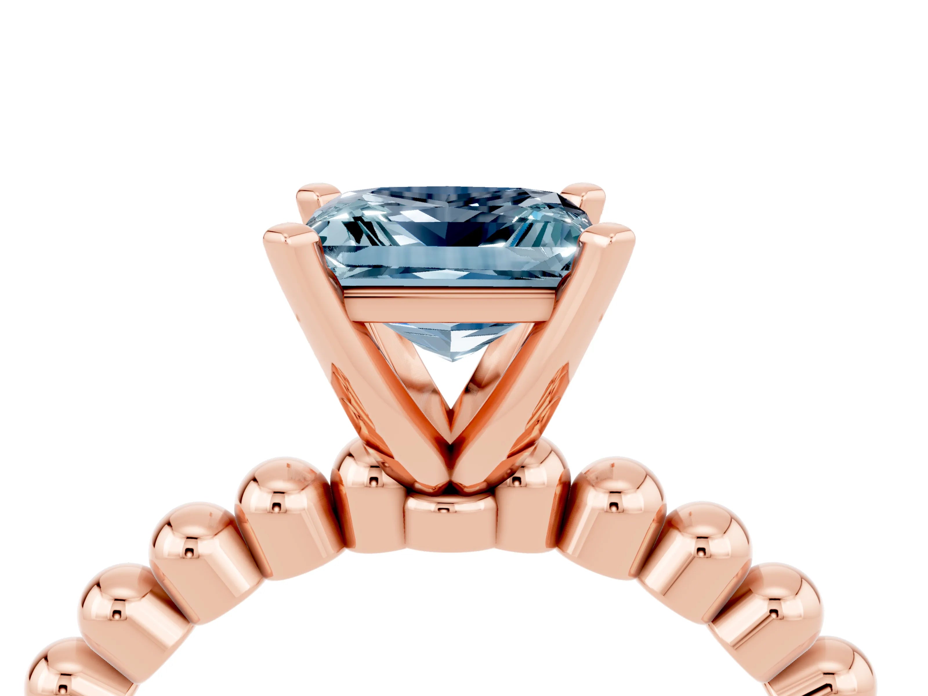 Rose gold Princess Cut Aquamarine Solitaire Ring with Beaded Band and Prong Setting_4