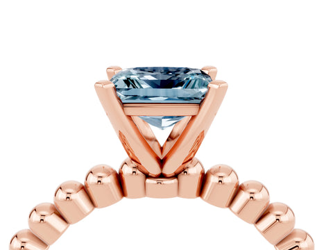 Rose gold Princess Cut Aquamarine Solitaire Ring with Beaded Band and Prong Setting_4