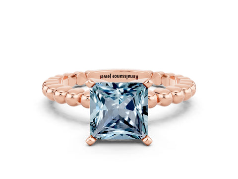 Rose gold Princess Cut Aquamarine Solitaire Ring with Beaded Band and Prong Setting
