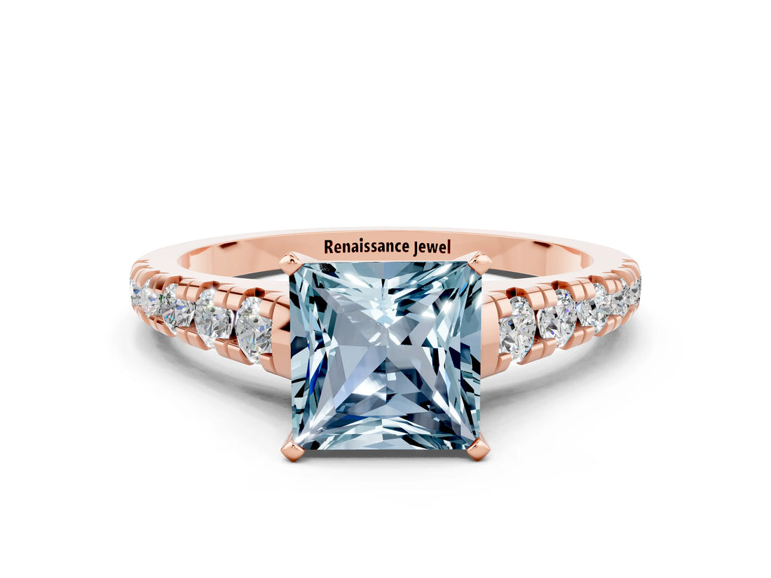 Rose gold Princess Cut Aquamarine Solitaire Ring with Cathedral Setting and Pavé Band