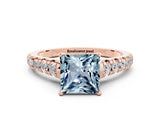 Rose gold Princess Cut Aquamarine Solitaire Ring with Cathedral Setting and Pavé Band