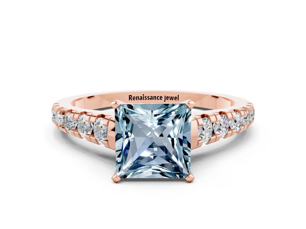 Rose gold Princess Cut Aquamarine Cathedral Solitaire Ring with Round  Pavé Band