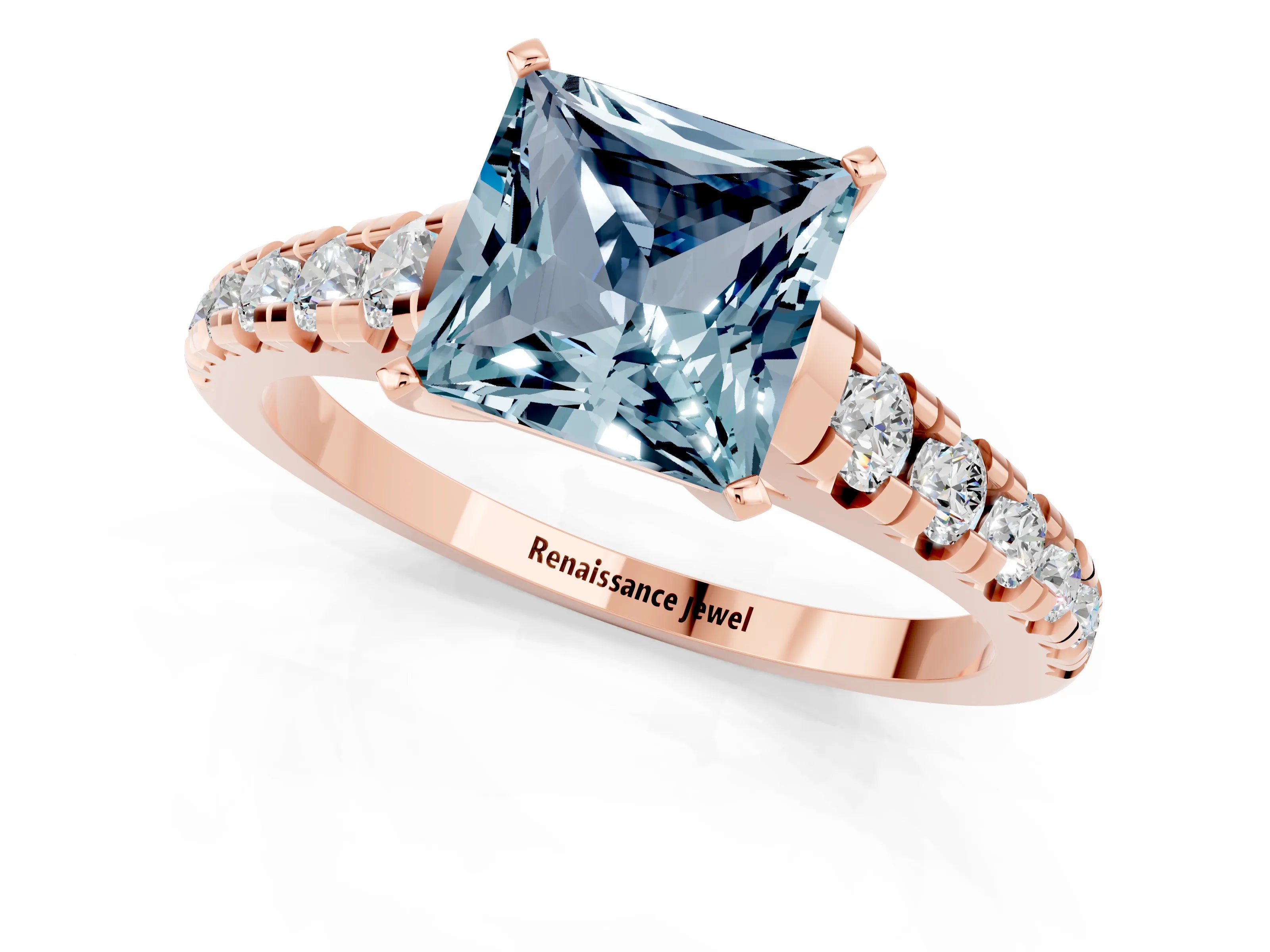 Rose gold Princess Cut Aquamarine Solitaire Ring with Cathedral Setting and Pavé Band_1