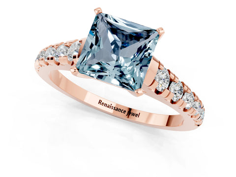 Rose gold Princess Cut Aquamarine Solitaire Ring with Cathedral Setting and Pavé Band_1