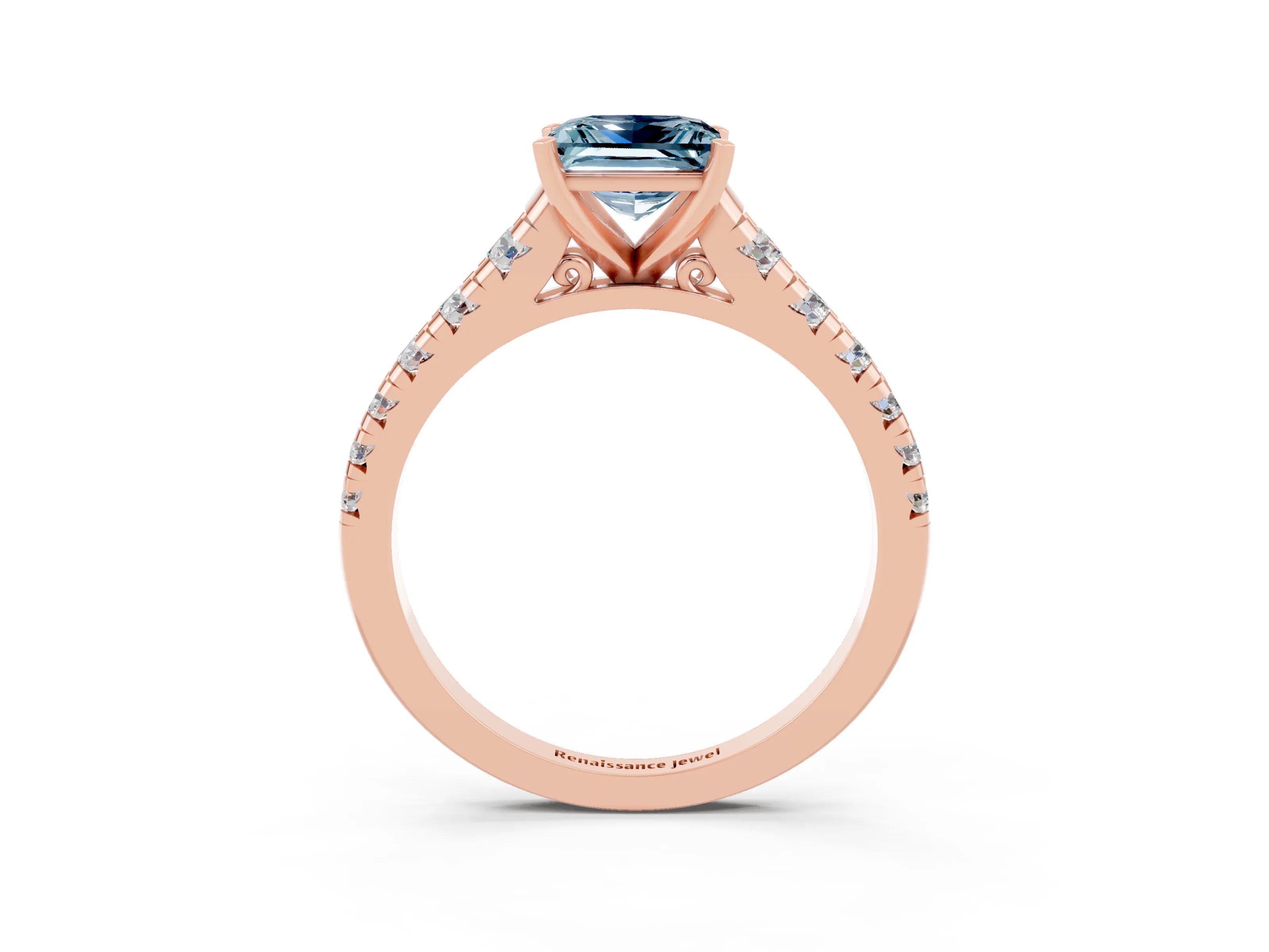 Rose gold Princess Cut Aquamarine Solitaire Ring with Cathedral Setting and Pavé Band_3