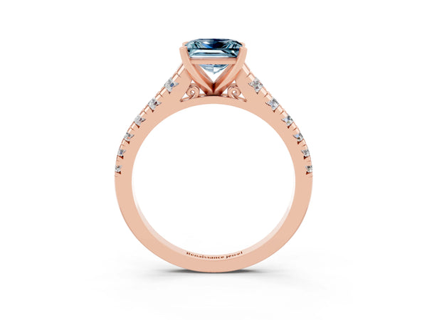 Rose gold Princess Cut Aquamarine Cathedral Solitaire Ring with Round  Pavé Band