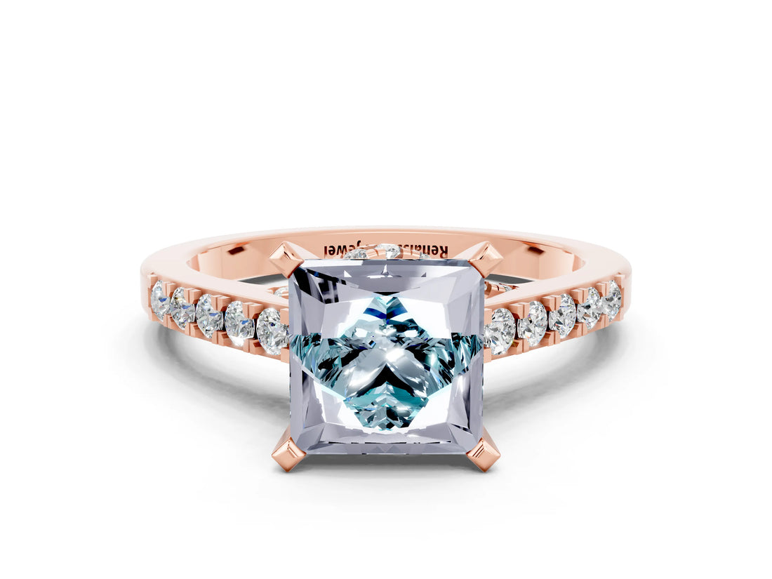 Rose gold Princess Cut Aquamarine Solitaire Ring with Crossover Gallery and Round  Pavé Band_12