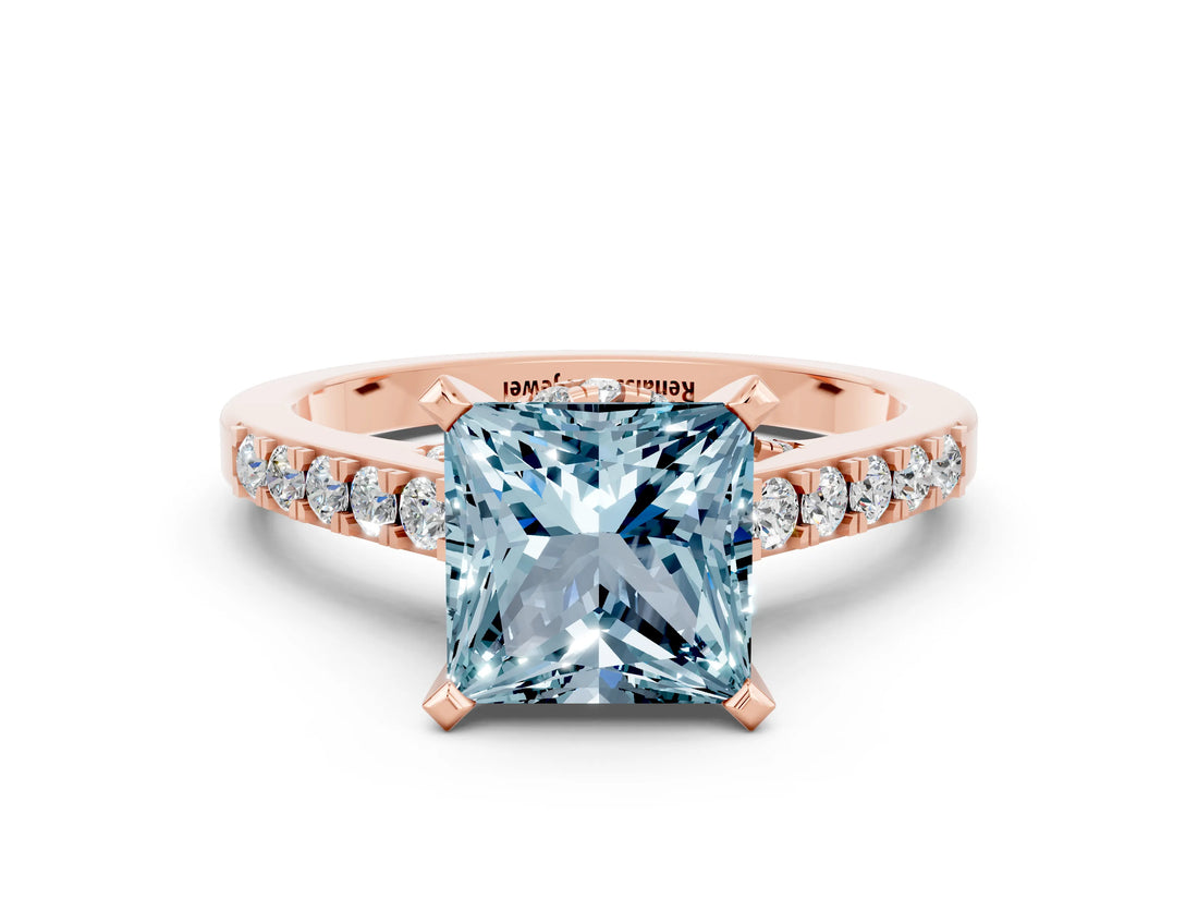 Rose gold Princess Cut Aquamarine Solitaire Ring with Crossover Gallery and Round  Pavé Band_36