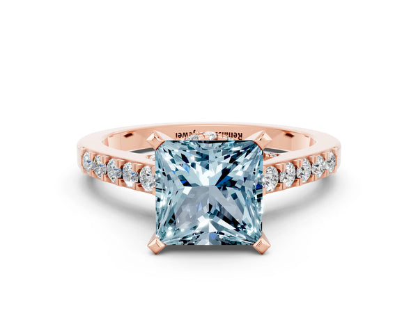 Rose gold Princess Cut Aquamarine Solitaire Ring with Crossover Gallery and Round  Pavé Band