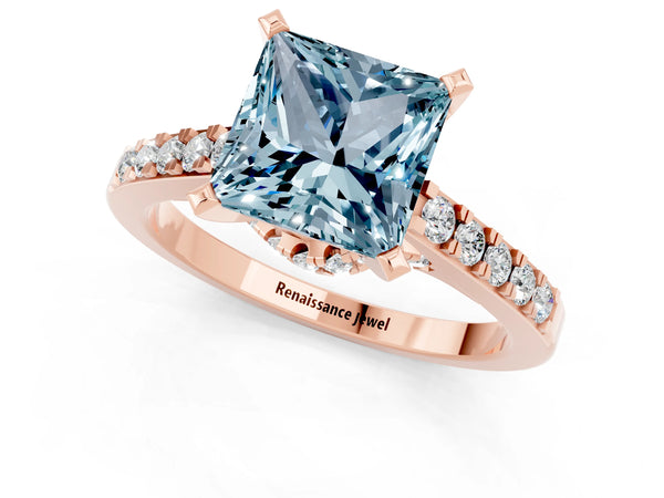 Rose gold Princess Cut Aquamarine Solitaire Ring with Crossover Gallery and Round  Pavé Band