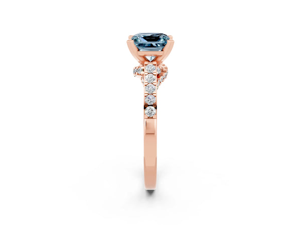 Rose gold Princess Cut Aquamarine Solitaire Ring with Crossover Gallery and Round  Pavé Band