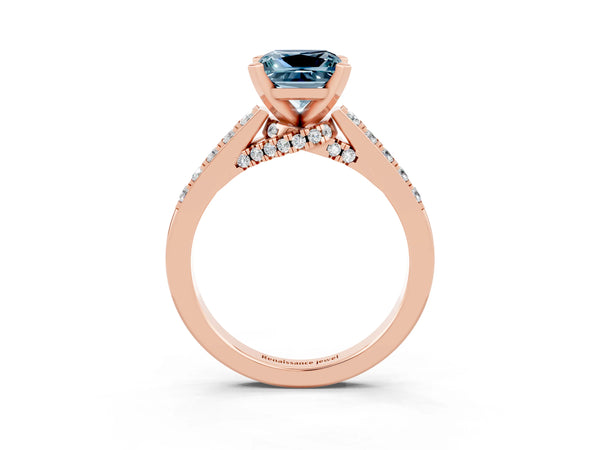 Rose gold Princess Cut Aquamarine Solitaire Ring with Crossover Gallery and Round  Pavé Band