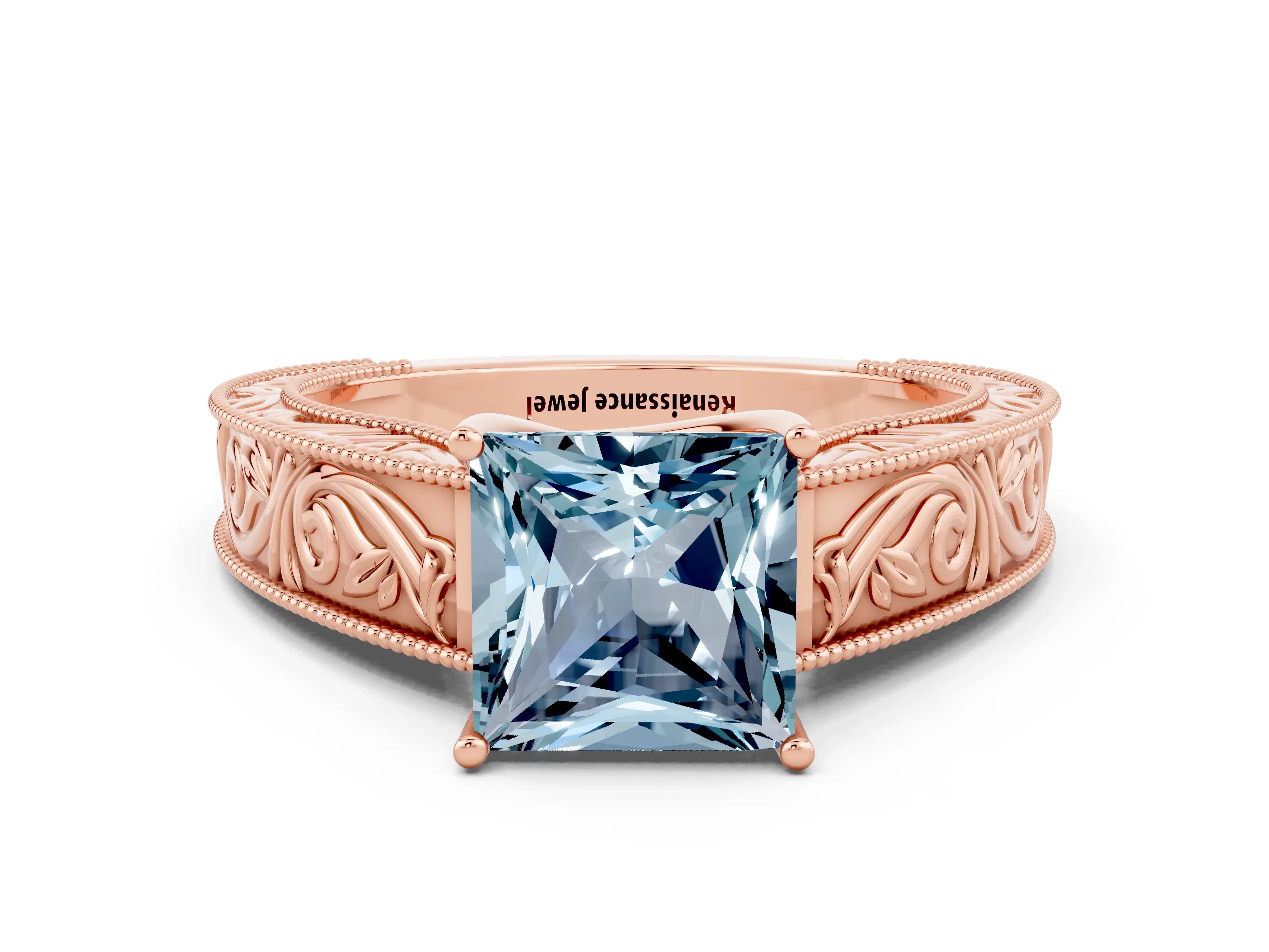 Rose gold Princess Cut Aquamarine Solitaire Ring with Engraved Band and Four-Prong Setting