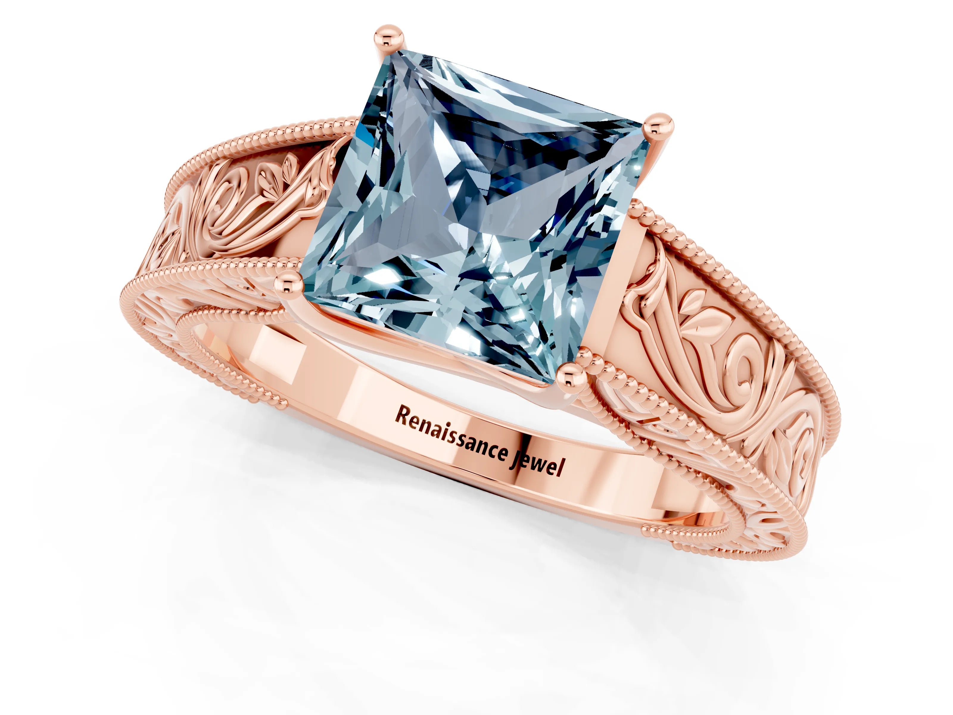 Rose gold Princess Cut Aquamarine Solitaire Ring with Engraved Band and Four-Prong Setting_1