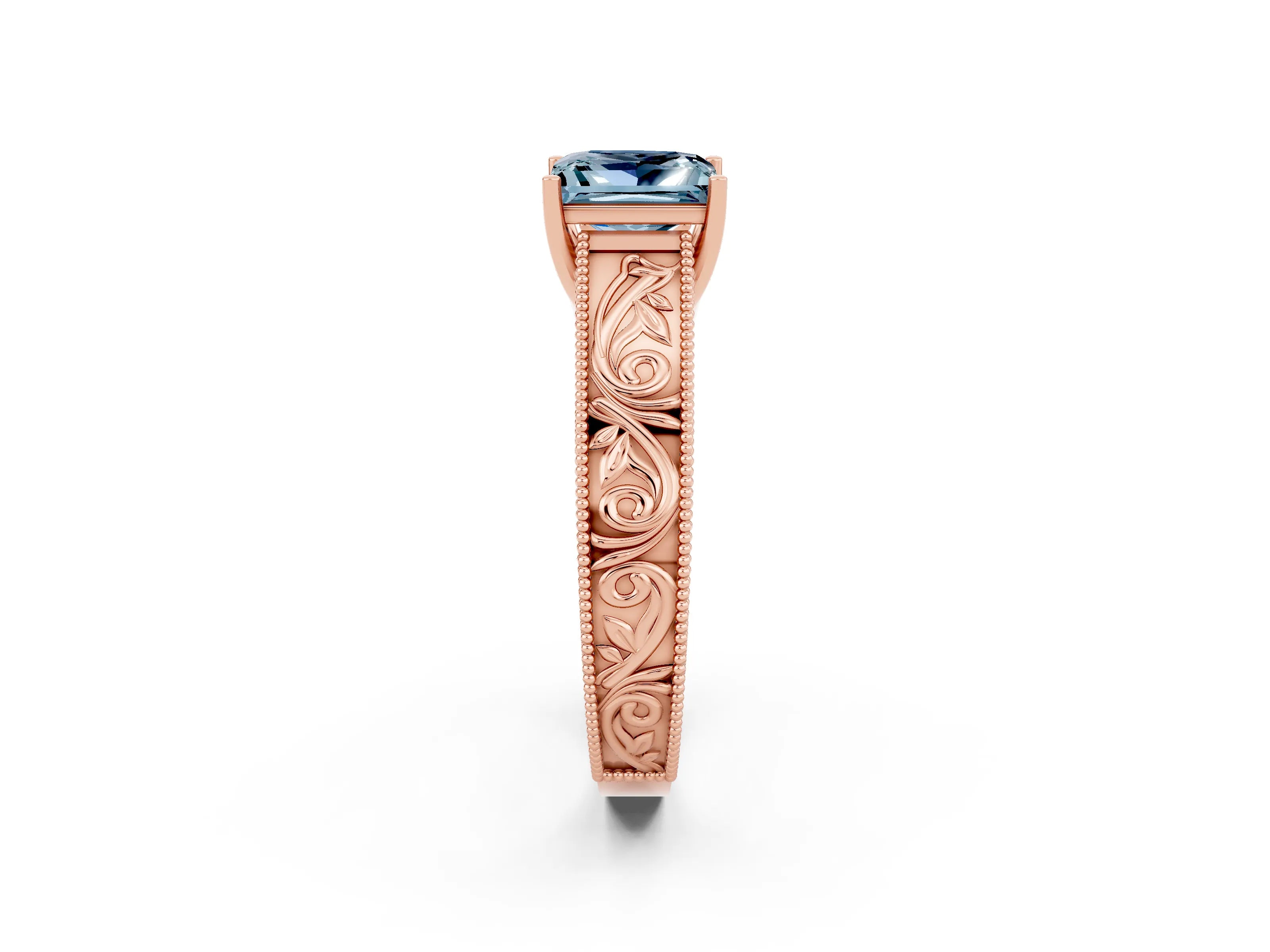 Rose gold Princess Cut Aquamarine Solitaire Ring with Engraved Band and Four-Prong Setting_2