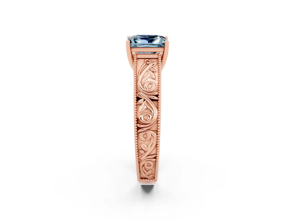 Rose gold Princess Cut Aquamarine Solitaire Ring with Engraved Band and Four-Prong Setting
