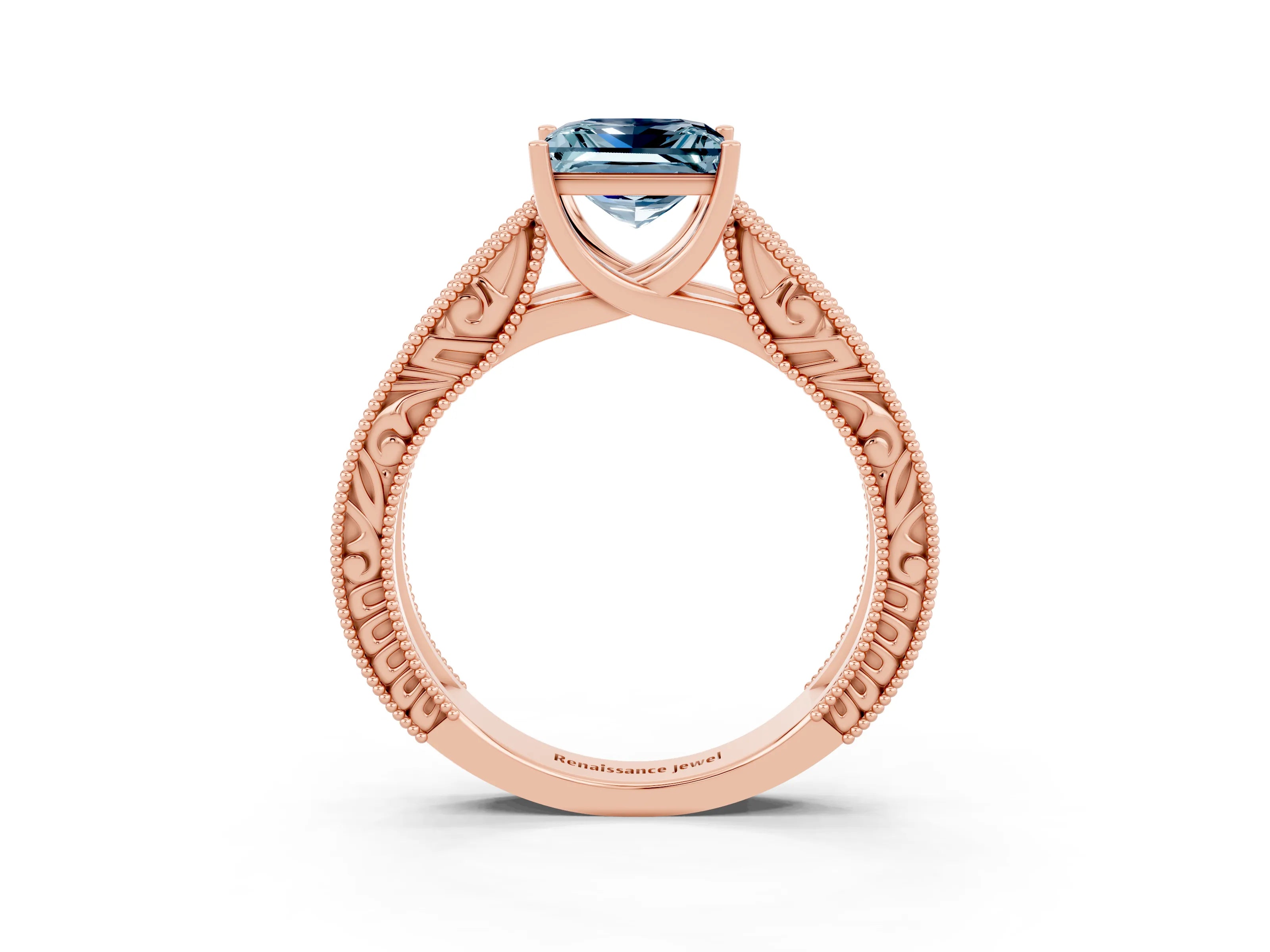 Rose gold Princess Cut Aquamarine Solitaire Ring with Engraved Band and Four-Prong Setting_3