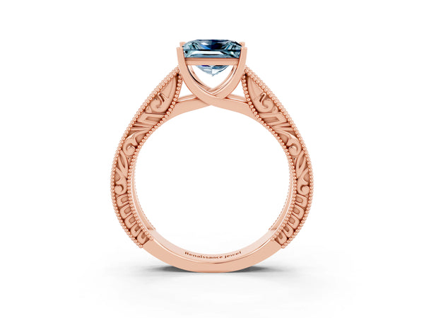 Rose gold Princess Cut Aquamarine Solitaire Ring with Engraved Band and Four-Prong Setting