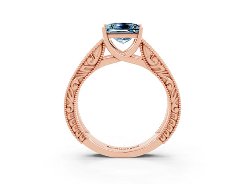 Rose gold Princess Cut Aquamarine Solitaire Ring with Engraved Band and Four-Prong Setting_3