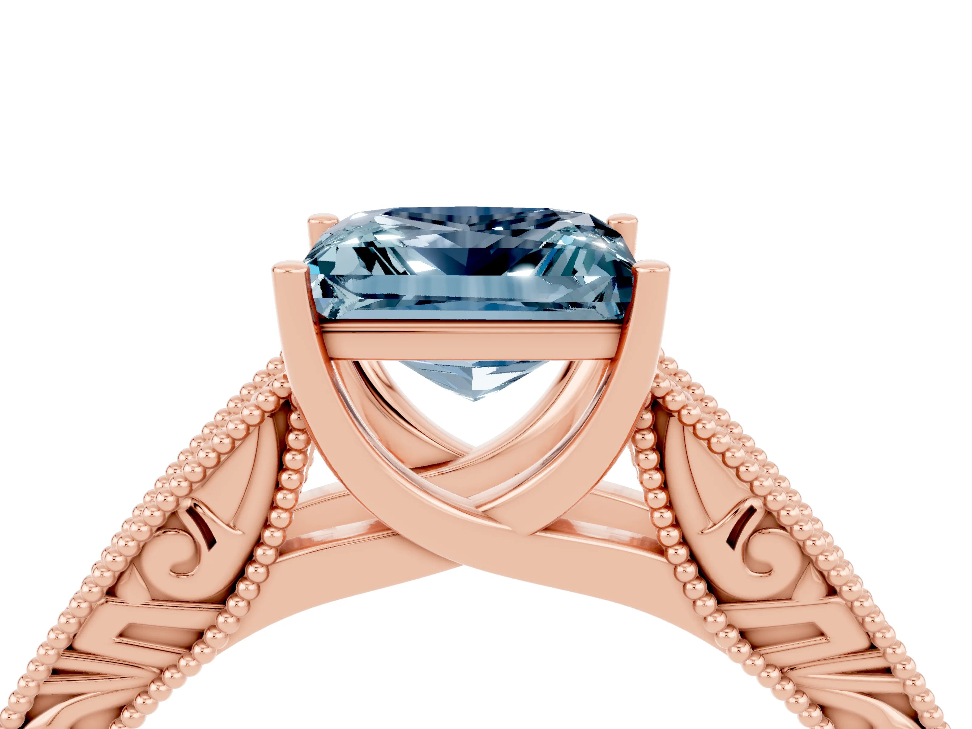 Rose gold Princess Cut Aquamarine Solitaire Ring with Engraved Band and Four-Prong Setting_4