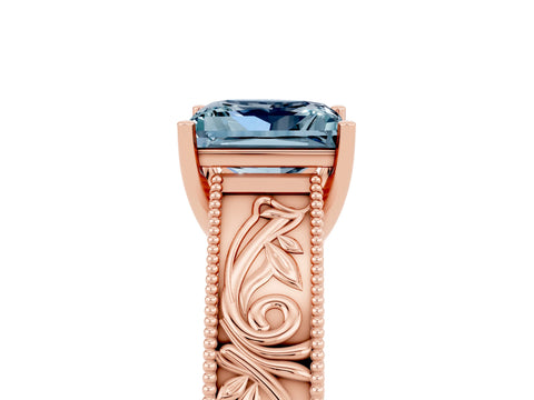 Rose gold Princess Cut Aquamarine Solitaire Ring with Engraved Band and Four-Prong Setting_5